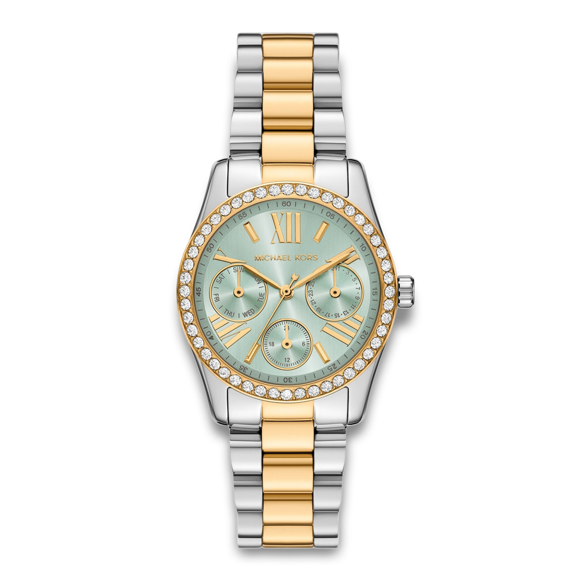 Michael Kors Lexington MK7609 dameur i tofarvet stål med lysegrøn urskive og krystalbesat lynette.