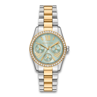 Michael Kors Lexington MK7609 dameur i tofarvet stål med lysegrøn urskive og krystalbesat lynette.