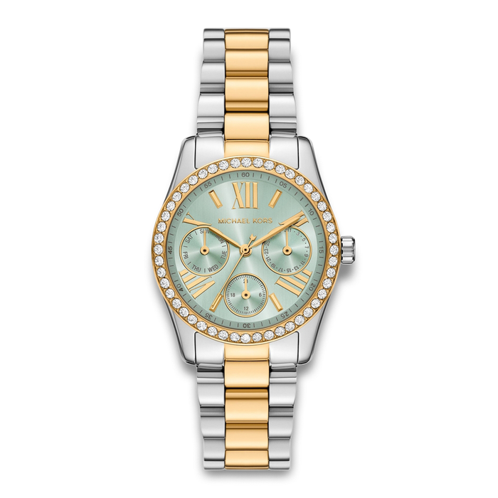 Michael Kors Lexington MK7609 dameur i tofarvet stål med lysegrøn urskive og krystalbesat lynette.