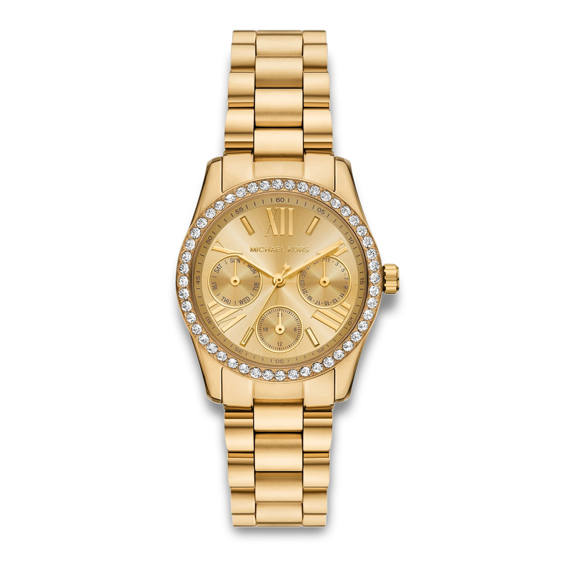 Michael Kors Lexington Lux dameur 34 mm i guldfarvet stål med krystalbesat lynette.