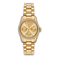 Michael Kors Lexington Lux dameur 34 mm i guldfarvet stål med krystalbesat lynette.