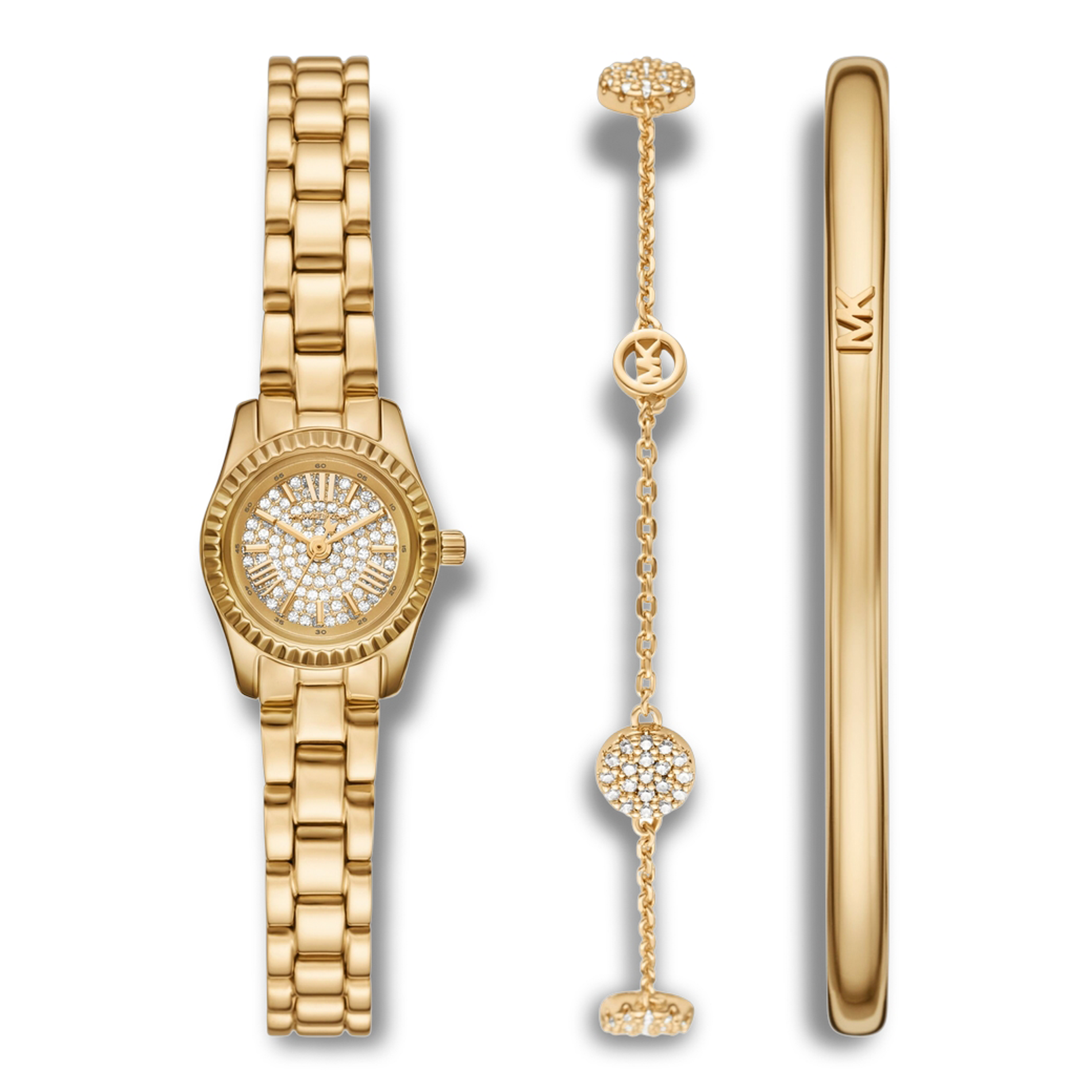 Michael Kors Lexington Set dameur 19 mm med matchende armbånd og armring i guldfarvet stål.