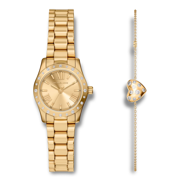 Michael Kors Lexington Set dameur 26 mm med matchende guldfarvet armbånd.
