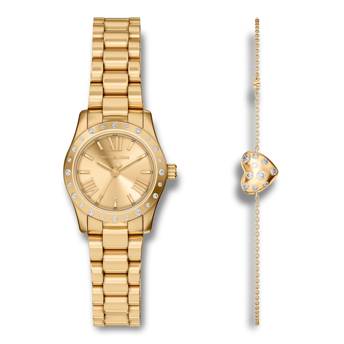 Michael Kors Lexington Set dameur 26 mm med matchende guldfarvet armbånd.