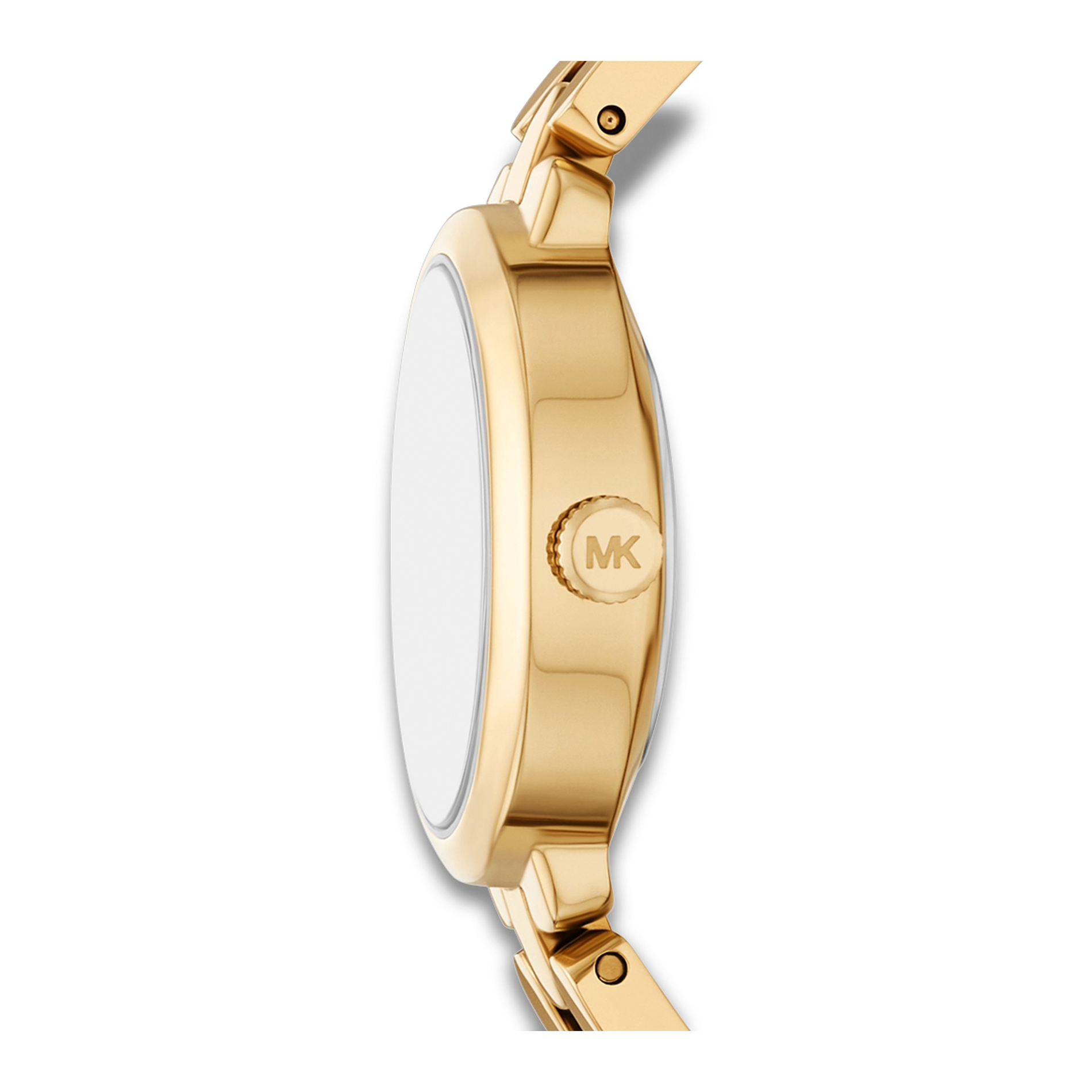 Sideprofil af Michael Kors Maude MK4955 i guldfarvet rustfrit stål.