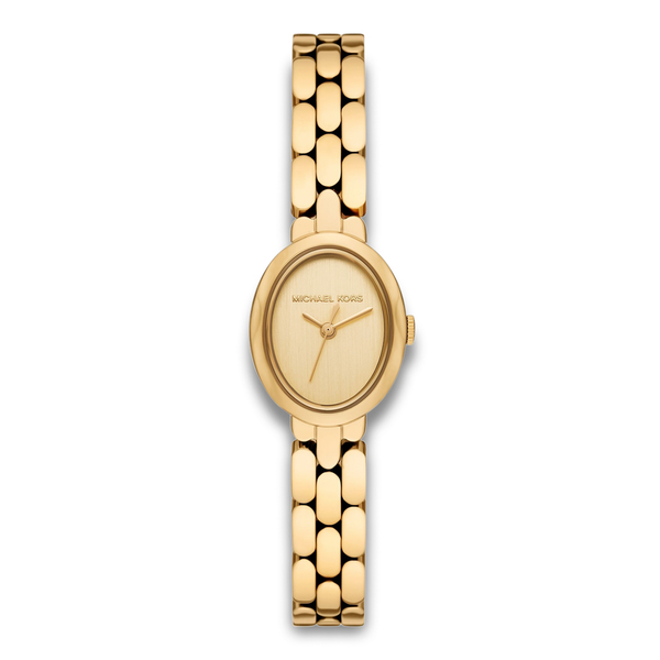 Michael Kors Maude dameur 20 mm med oval guldfarvet urkasse og stållænke.