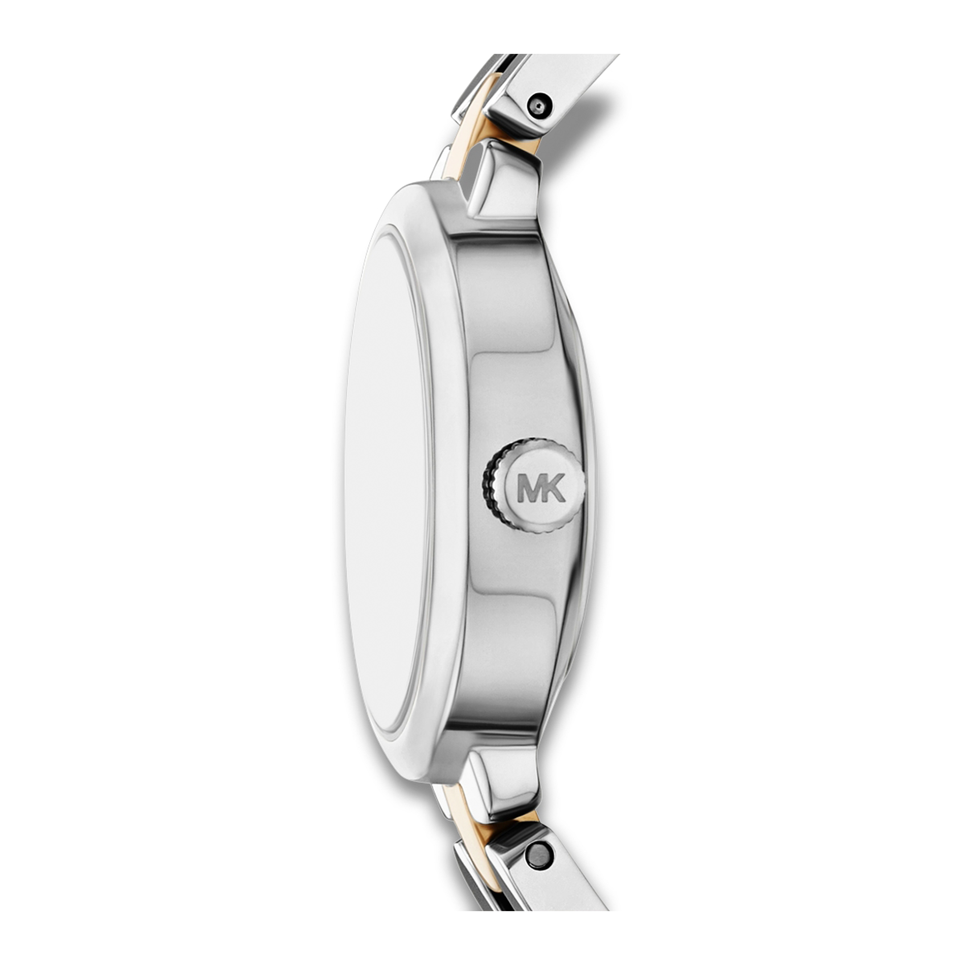 Sideprofil af Michael Kors Maude MK4956 med oval urkasse i rustfrit stål.