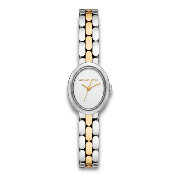 Michael Kors Maude dameur 20 mm med oval sølvfarvet urkasse og tofarvet stållænke.