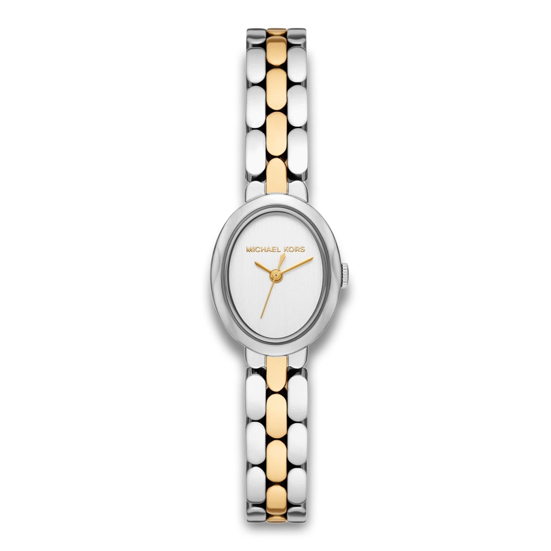Michael Kors Maude dameur 20 mm med oval sølvfarvet urkasse og tofarvet stållænke.