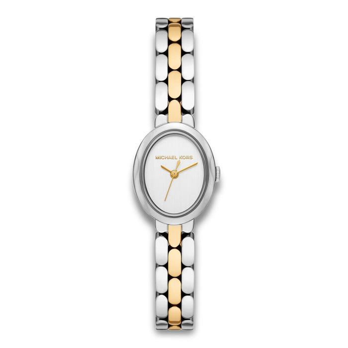 Michael Kors Maude dameur 20 mm med oval sølvfarvet urkasse og tofarvet stållænke.