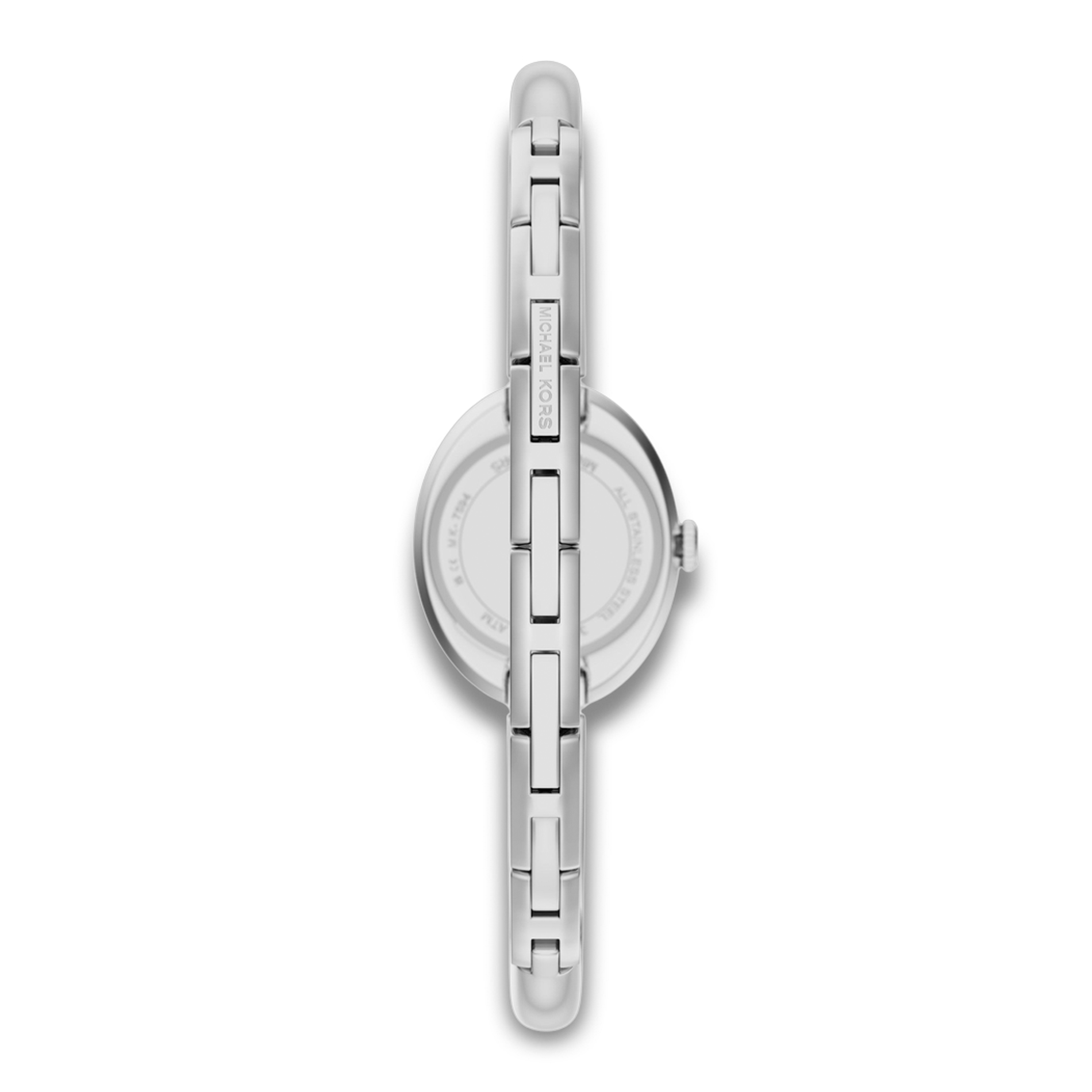 Bagside af Michael Kors Maude MK7595 med sølvfarvet bangle-rem i rustfrit stål.