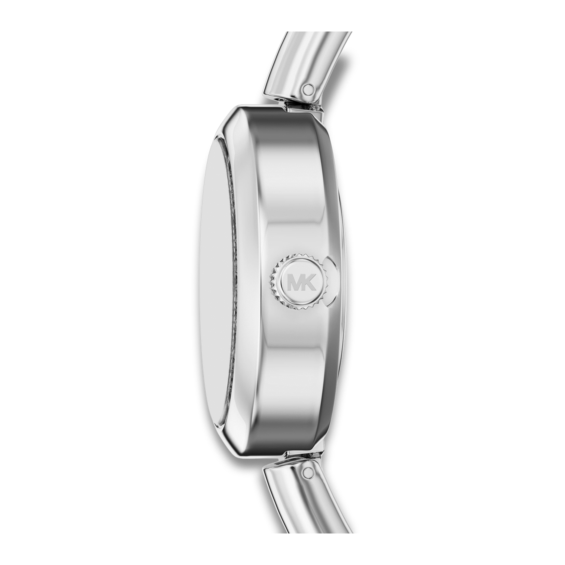 Sideprofil af Michael Kors Maude MK7595 med oval urkasse i sølvfarvet stål.