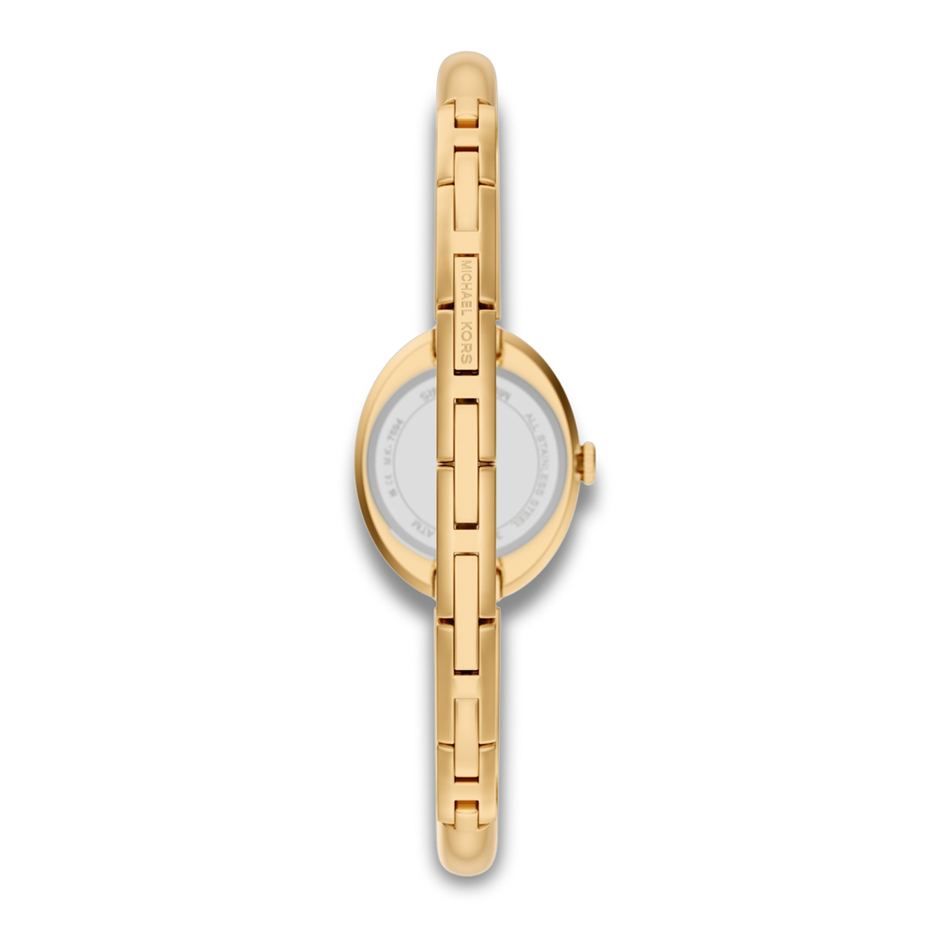 Bagside af Michael Kors Maude MK7593 med guldfarvet bangle-rem i rustfrit stål.