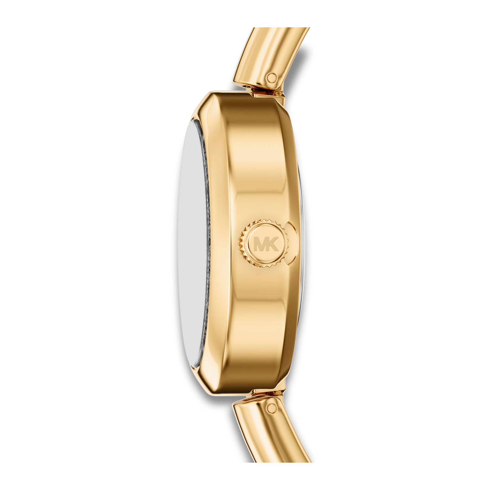Sideprofil af Michael Kors Maude MK7593 med oval urkasse og guldfarvet finish.