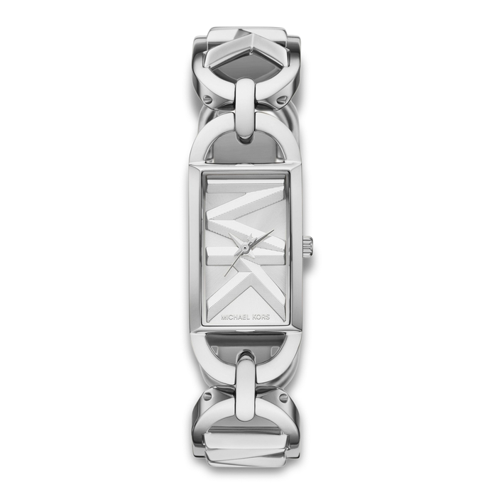 Michael Kors MK Empire dameur 20 mm i sølvfarvet rustfrit stål med rektangulær urskive.