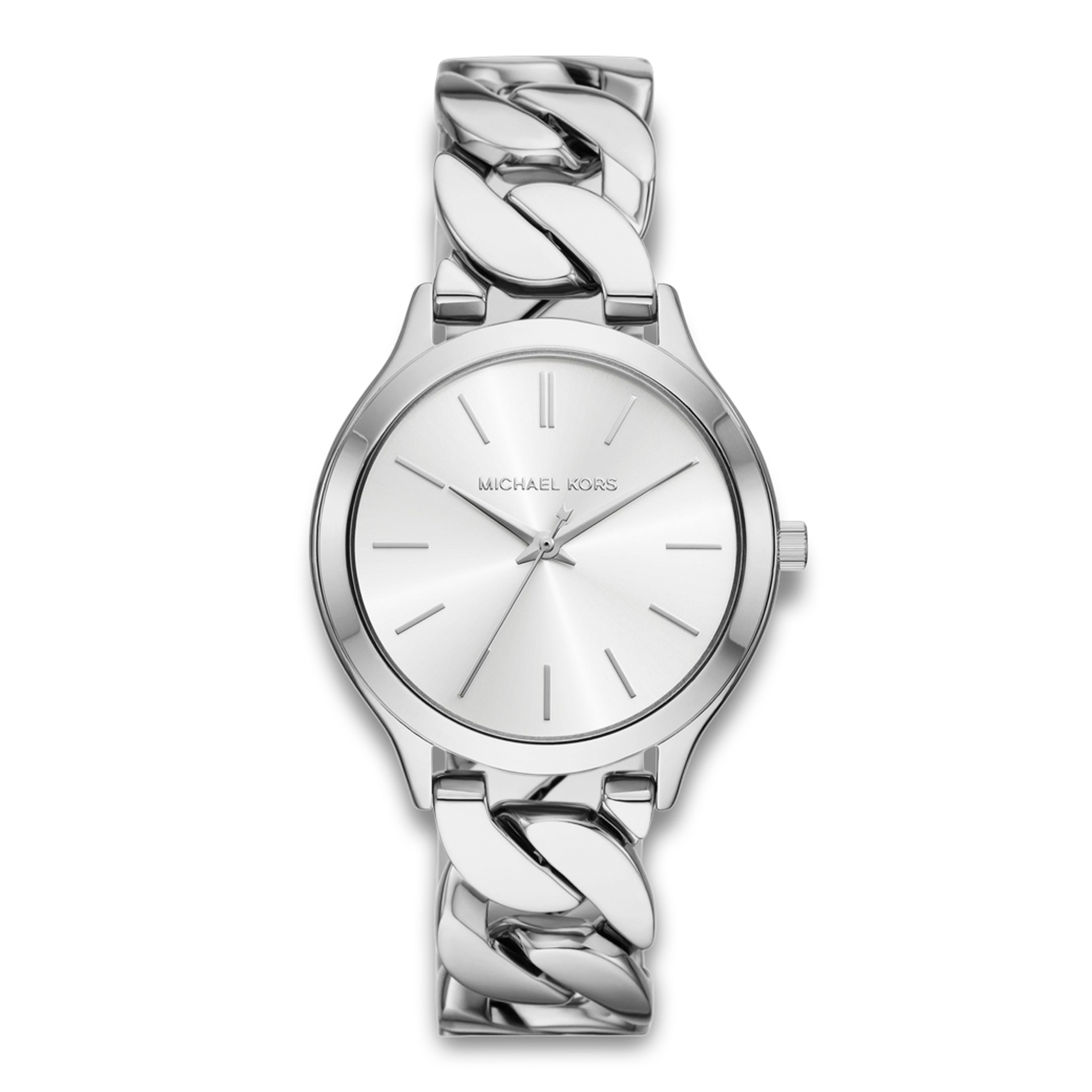 Michael Kors Slim Runway dameur 38 mm i sølvfarvet rustfrit stål med kædeinspireret lænke.