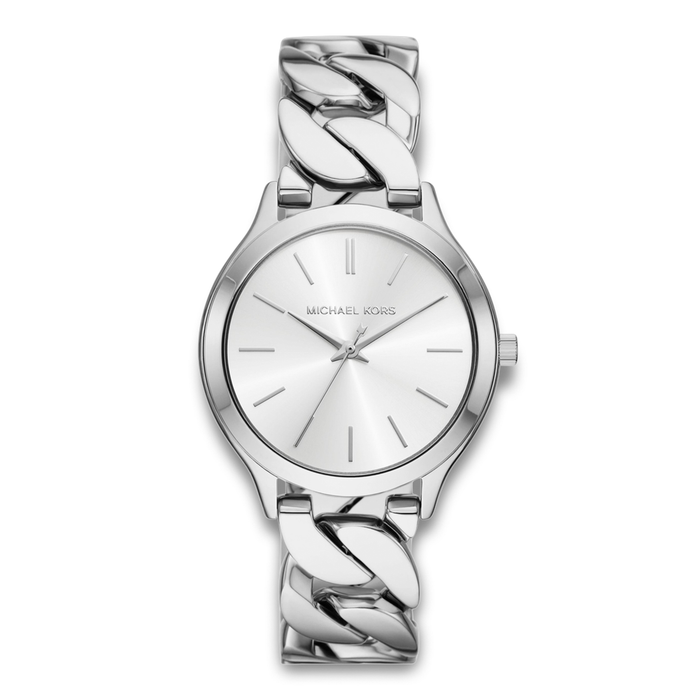 Michael Kors Slim Runway dameur 38 mm i sølvfarvet rustfrit stål med kædeinspireret lænke.