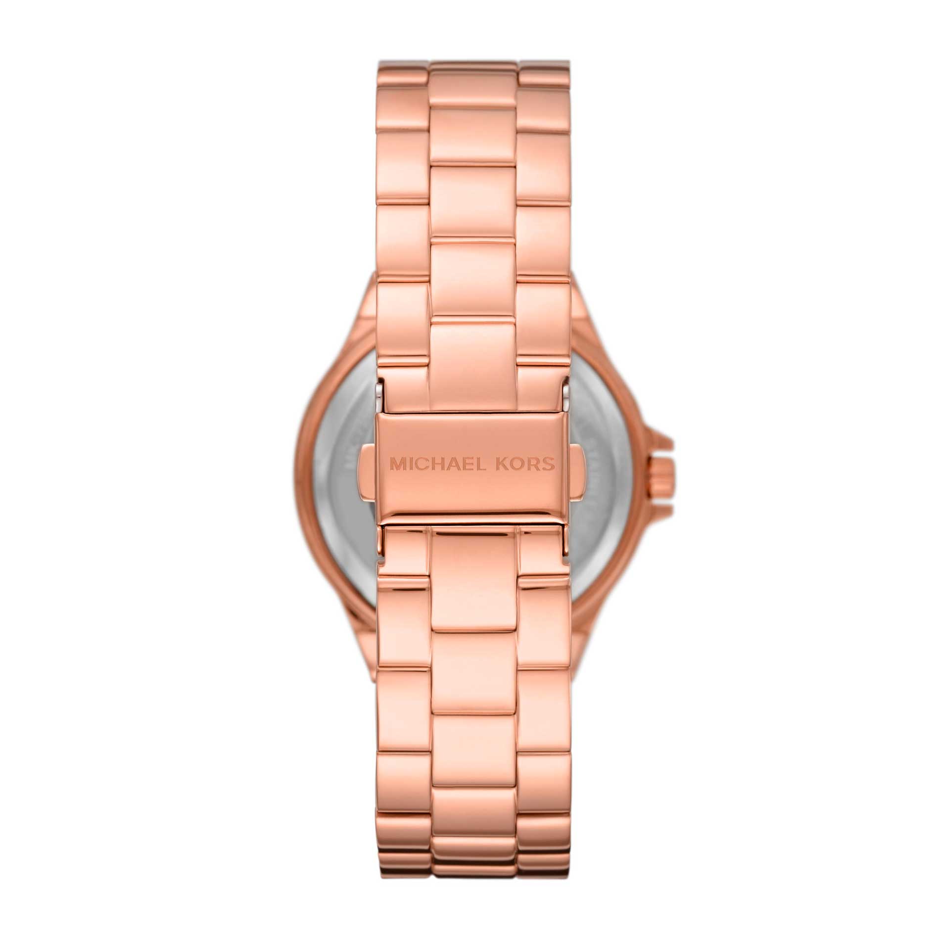 Rosafarvet Michael Kors Lennox MK7229 dameur med rosa urskive og rosafarvet lænke. Uret har mange funklende sten på skive og krans. På skiven står logoet MK. Uret er set bagfra.