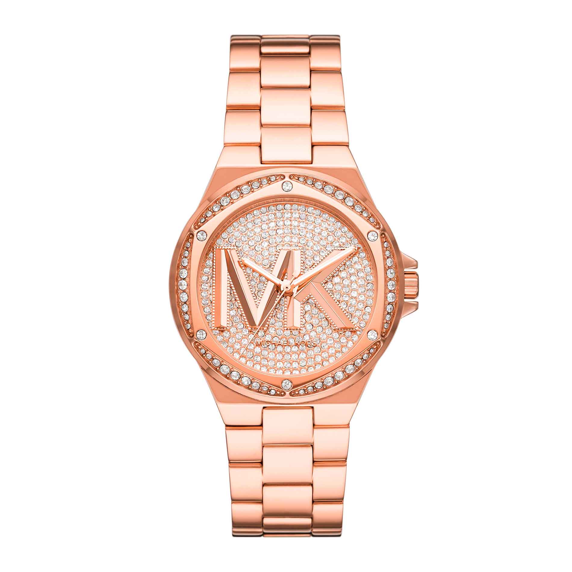 Rosafarvet Michael Kors Lennox MK7229 dameur med rosa urskive og rosafarvet lænke. Uret har mange funklende sten på skive og krans. På skiven står logoet MK. Uret er set forfra.