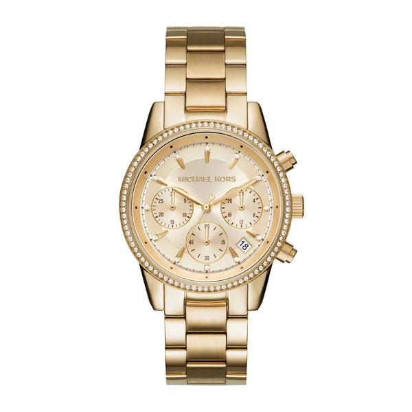 Guldfarvet Michael Kors Ritz MK6356 dameur med hvide sten i kransen. Uret har en gylden skive og en guldfarvet lænke. Uret er set forfra.