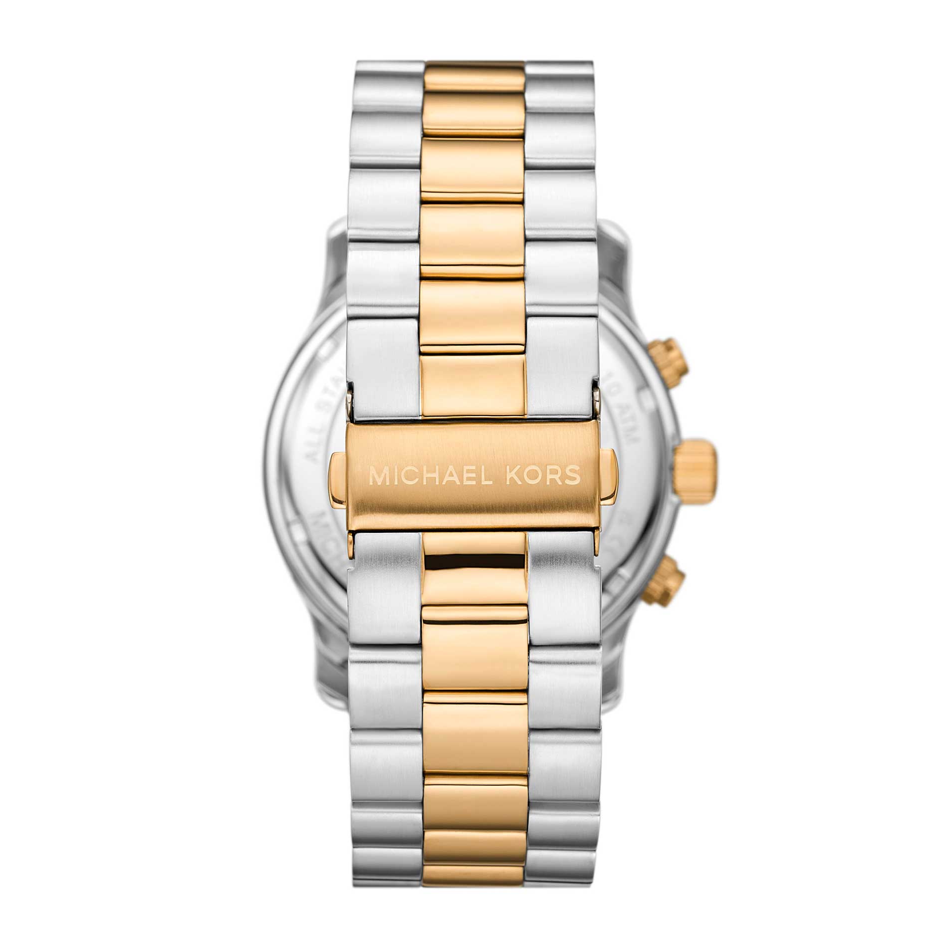 Michael Kors Runway MK9075 ur i rustfrit stål med gyldne detaljer på krans og lænke. Uret har en smuk gylden skive med tre chronographer samt dato. Uret er set bagfra.