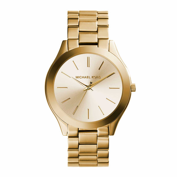 Michael Kors Slim Runway MK3179 dameur i guldfarvet rustfrit stål. Uret har en flot gylden urskive med indeksmarkeringer. Uret er set forfra.