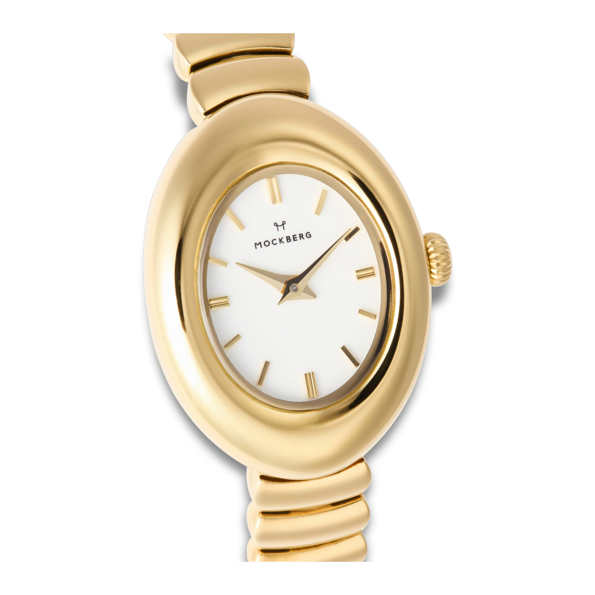 Closeup af Mockberg Belle Oval guldfarvet dameur med oval urskive