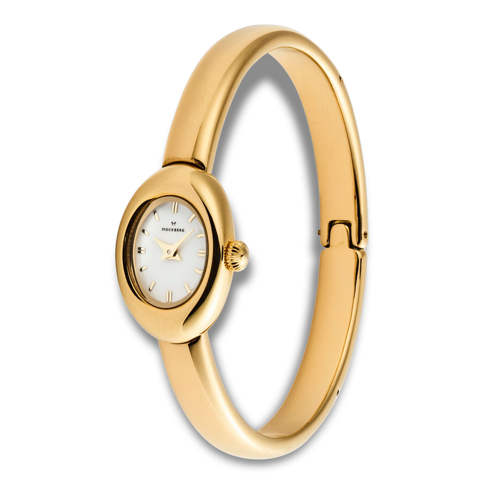 Sidevinkel af Mockberg Belle Oval Petite Large Bangle guldfarvet dameur