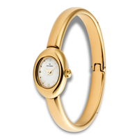 Sidevinkel af Mockberg Belle Oval Petite Large Bangle guldfarvet dameur