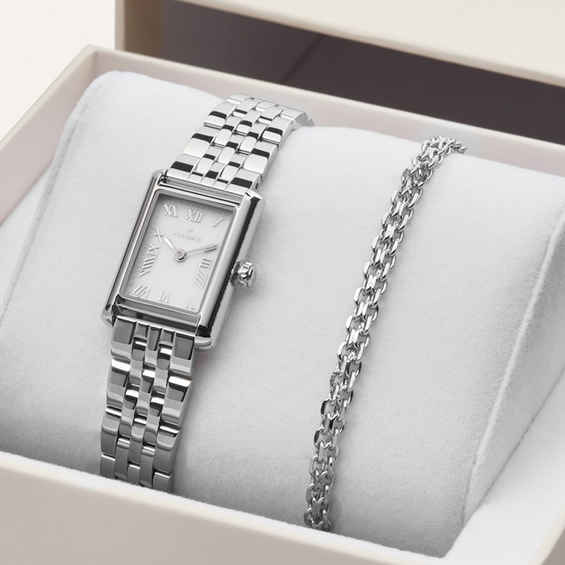Mockberg Timeless Darling Combo dameur i stål med matchende sølvfarvet armbånd