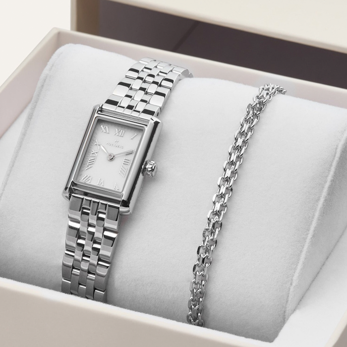 Mockberg Timeless Darling Combo dameur i stål med matchende sølvfarvet armbånd