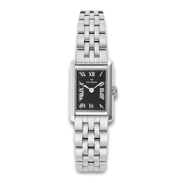Frontbillede af Mockberg Timeless Silver Noir dameur i sølvfarvet stål med sort urskive