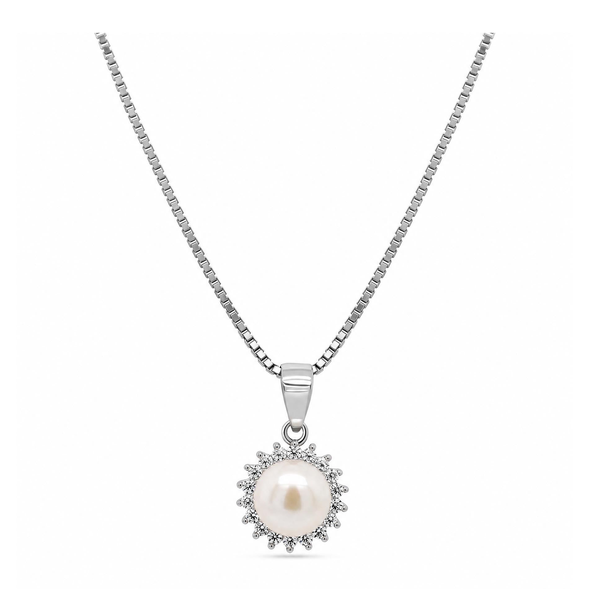 Ocean Pearl halskæde i 925 sterling sølv med hvid ferskvandsperle og zirkonia