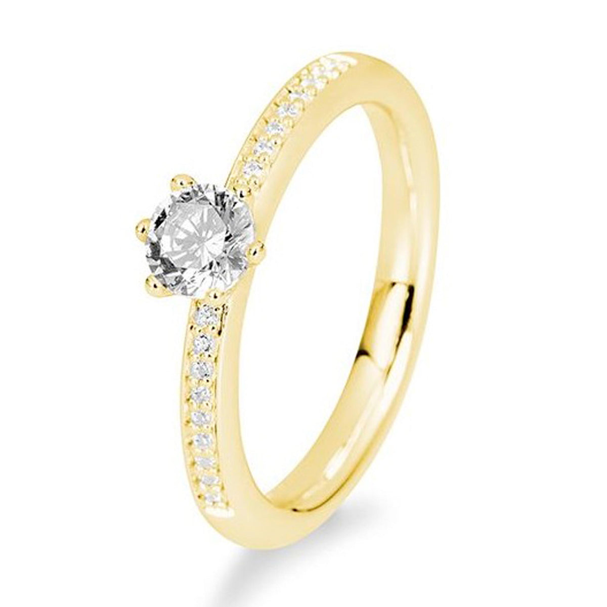 Diamantring i guld med 6 grabber og diamanter ned af siden