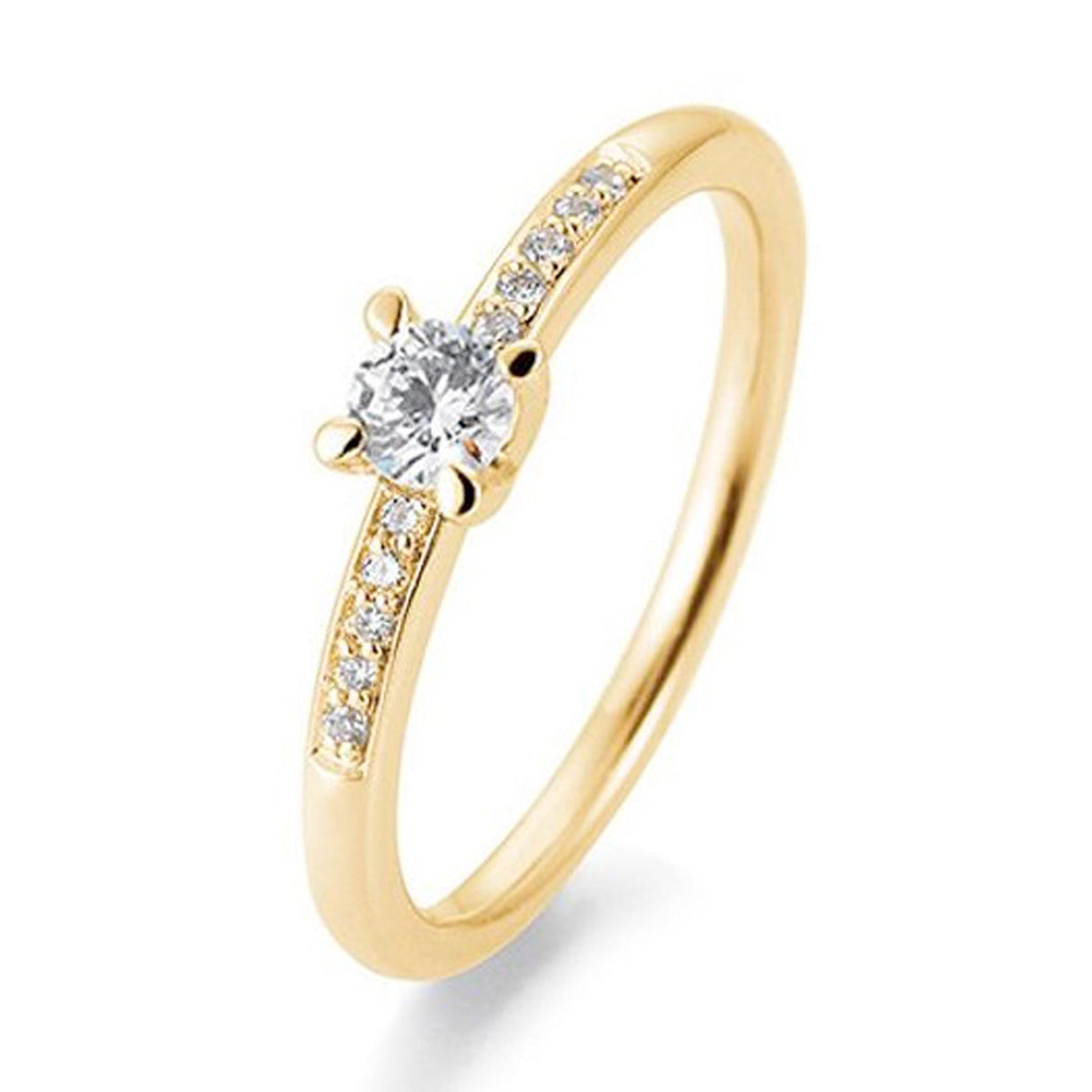 Diamantring i guld med 4 grabber og diamanter ned af siden