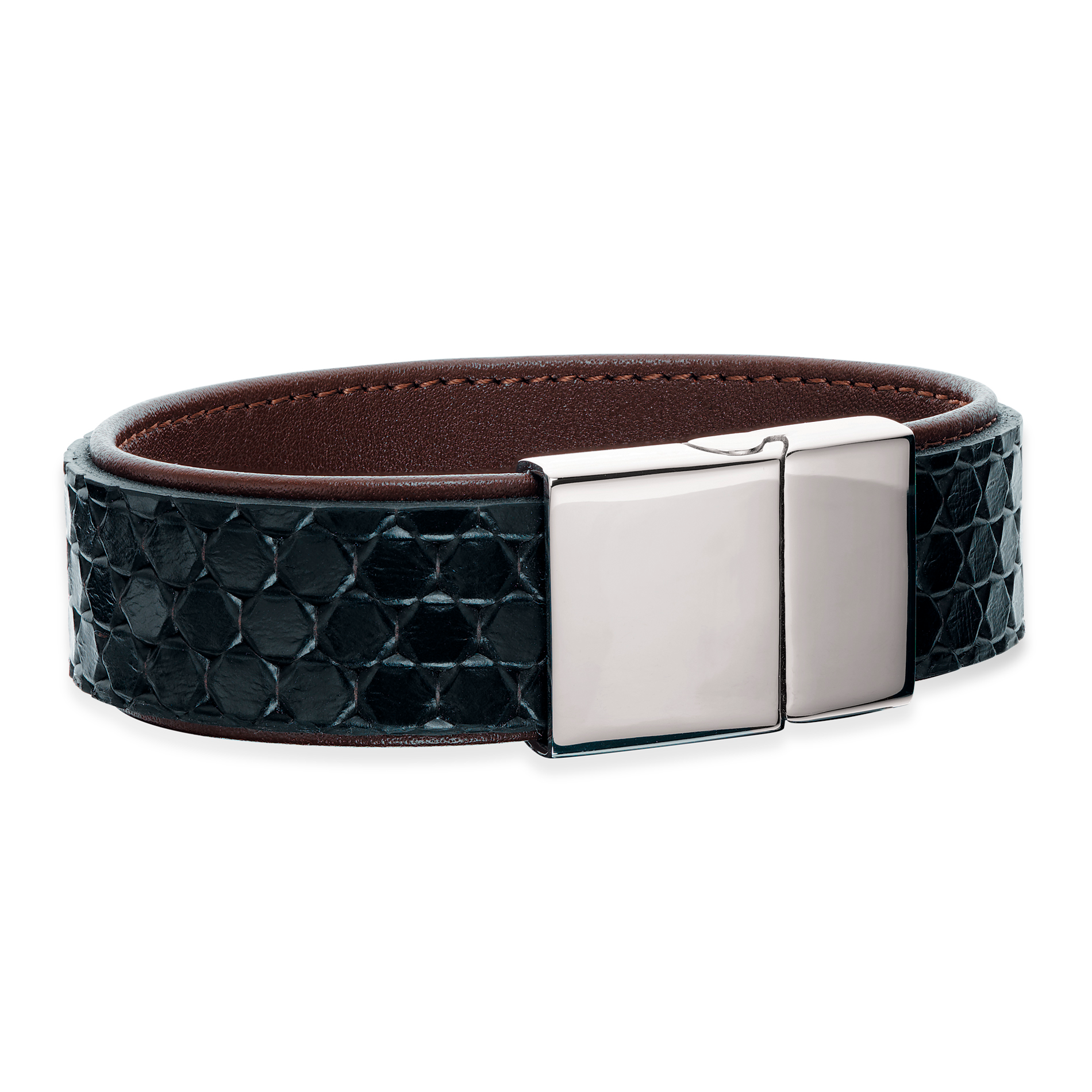 Scrouples armbånd i sort og brun læder med poleret stållås.