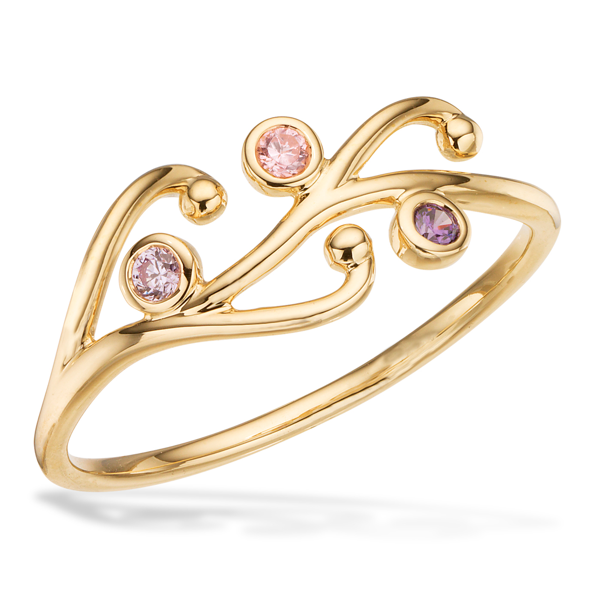 Scrouples ring med pink og lilla zirkonia i 8 karat guld med elegant åbent design