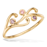 Scrouples ring med pink og lilla zirkonia i 8 karat guld med elegant åbent design