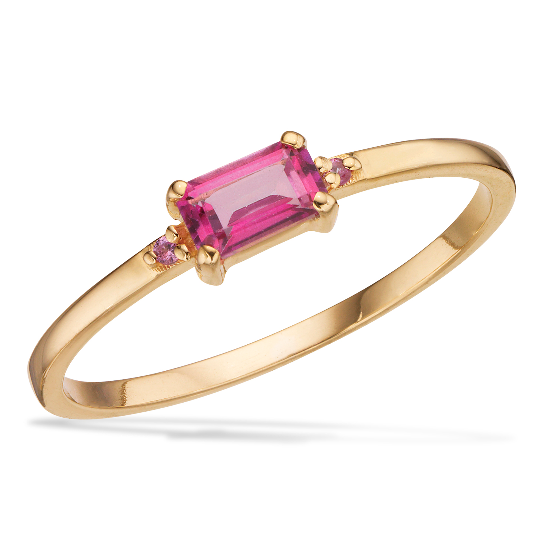 Scrouples ring med rektangulær pink topas i 8 karat guld med små pink topaser på hver side