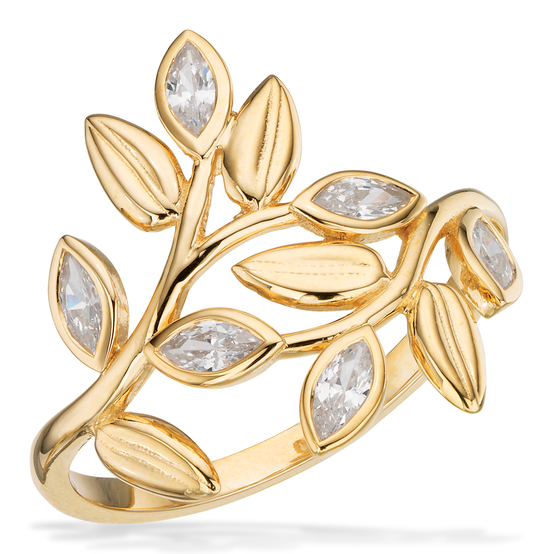 Scrouples ring med marquise-slebne zirkonia i 8 karat guld med bladinspireret design