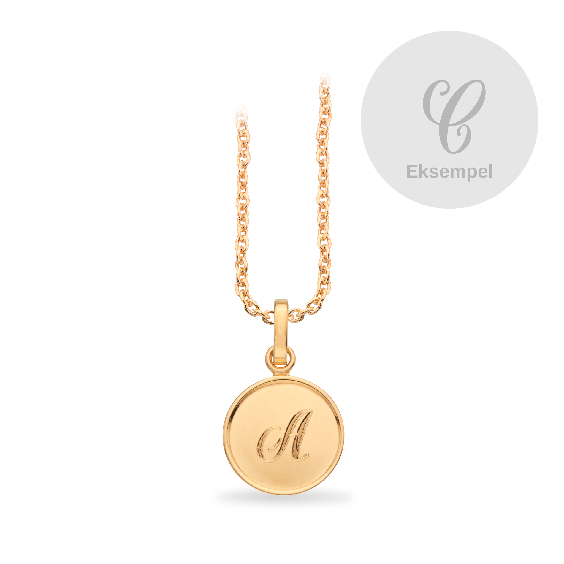 Scrouples #TagMe Romantic vedhæng C 10 mm i forgyldt 925 sterlingsølv med blank rund plade og forgyldt sølvkæde