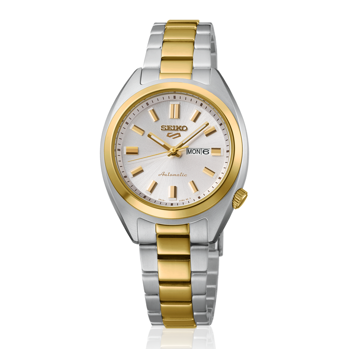 Seiko 5 Sports Automatic SRE024K1 dameur med sølvfarvet urskive, dag-dato visning og tofarvet stållænke