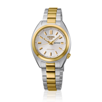 Seiko 5 Sports Automatic SRE024K1 dameur med sølvfarvet urskive, dag-dato visning og tofarvet stållænke