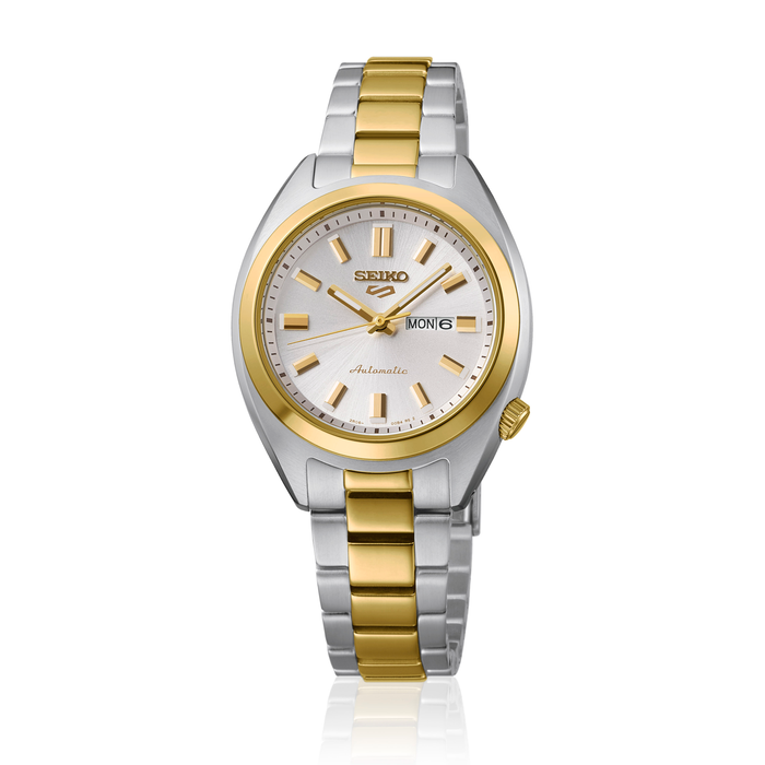 Seiko 5 Sports Automatic SRE024K1 dameur med sølvfarvet urskive, dag-dato visning og tofarvet stållænke