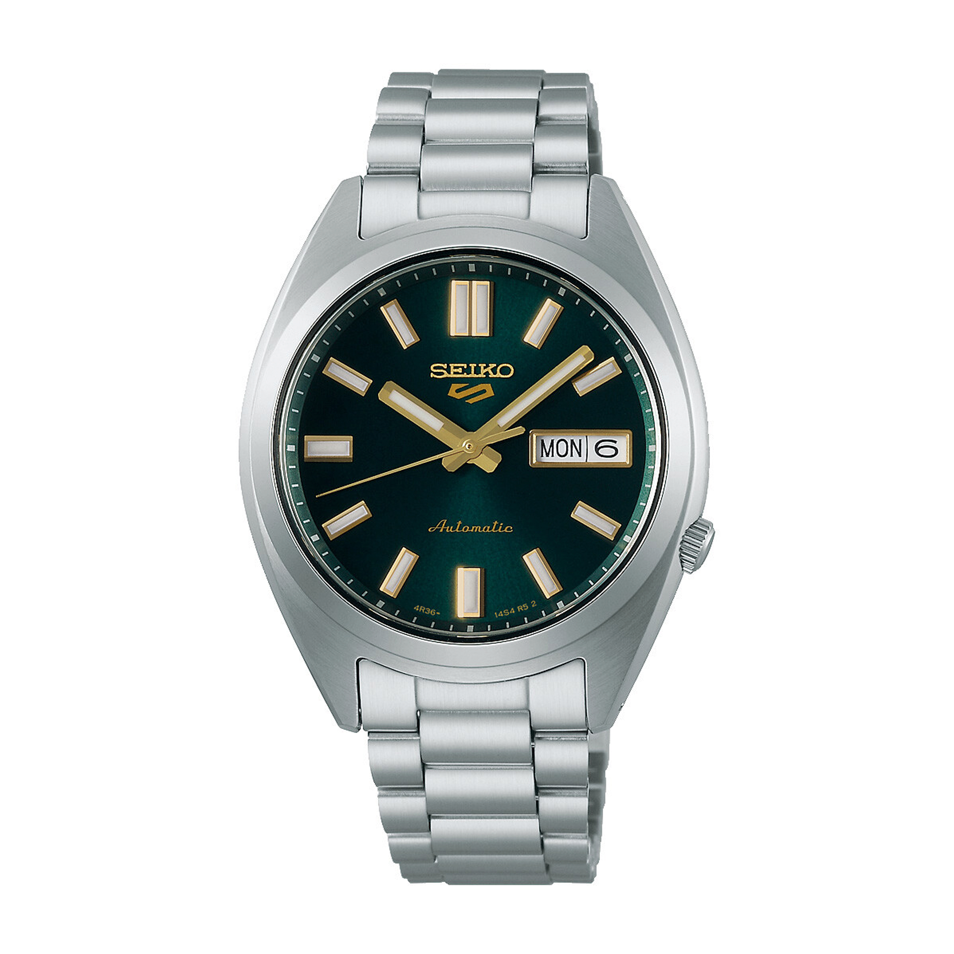Seiko 5 Sports SRPL57K1 herreur med grøn urskive, dag-dato visning og stållænke