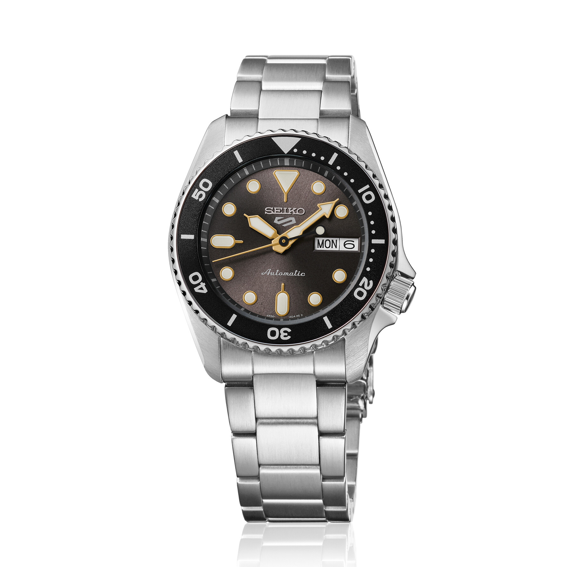 Seiko 5 Sports SRPL79K1 automatisk herreur med brun urskive, sort bezel og stållænke