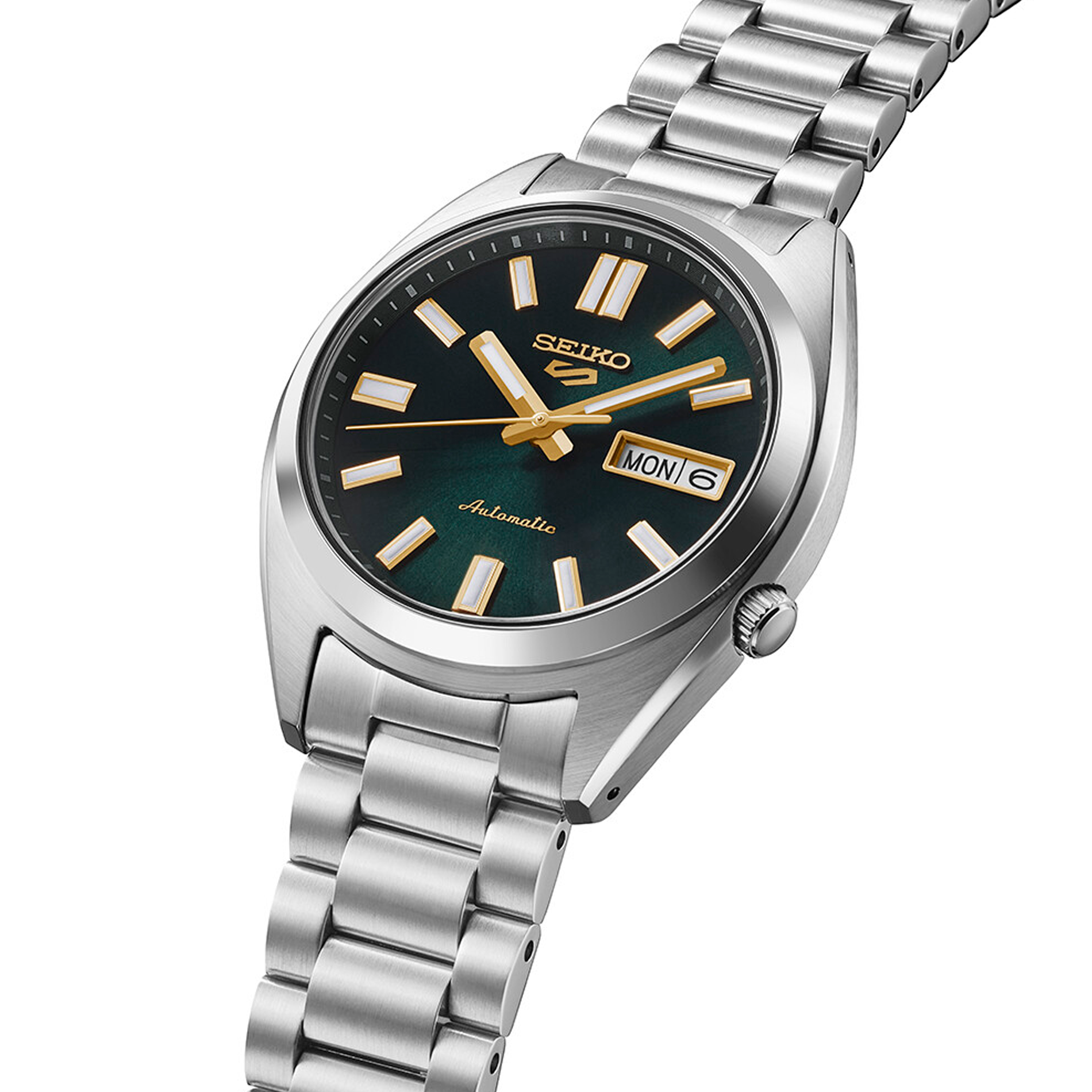 Seiko 5 Sports SRPL57K1 herreur med grøn urskive, dag-dato visning og stållænke