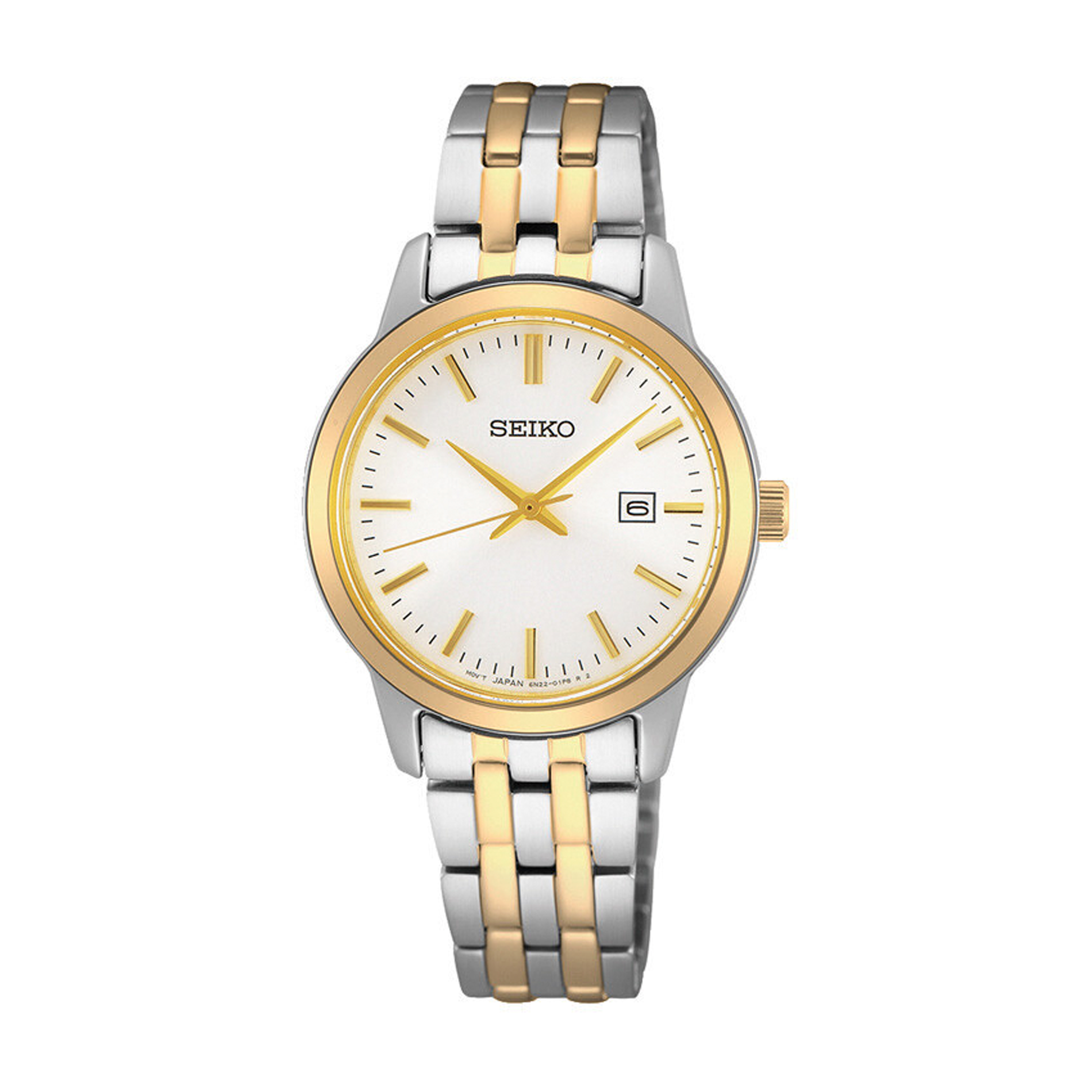 Seiko Classic dameur SUR410P1 i stål med guldfarvet krans, lys urskive og datovisning