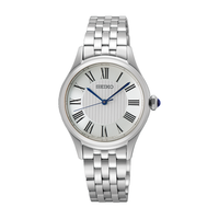 Seiko Classic dameur SUR609P1 i stål med lys urskive, romertal og blå visere
