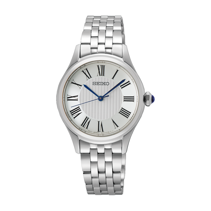 Seiko Classic dameur SUR609P1 i stål med lys urskive, romertal og blå visere
